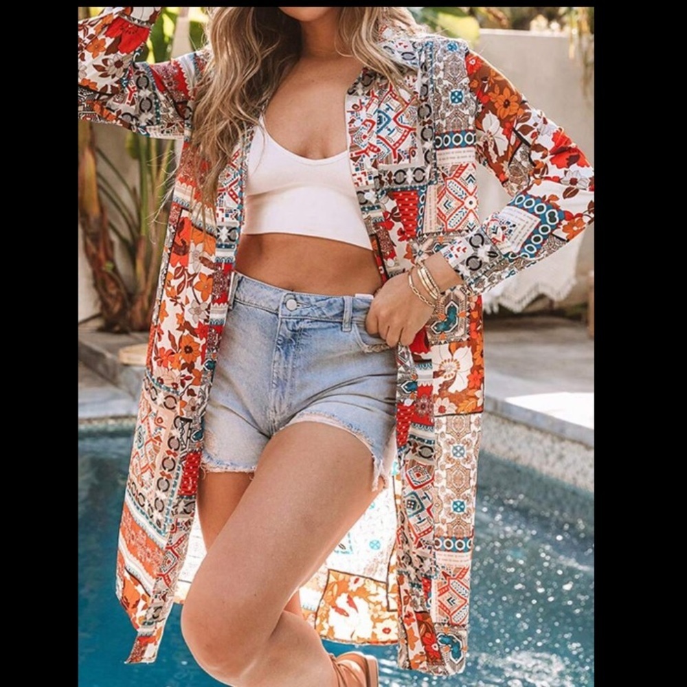 Floral Print Button Down Long Kimono Cardigan Boho Chic Loose Fit Year Round - Picture 5 of 9